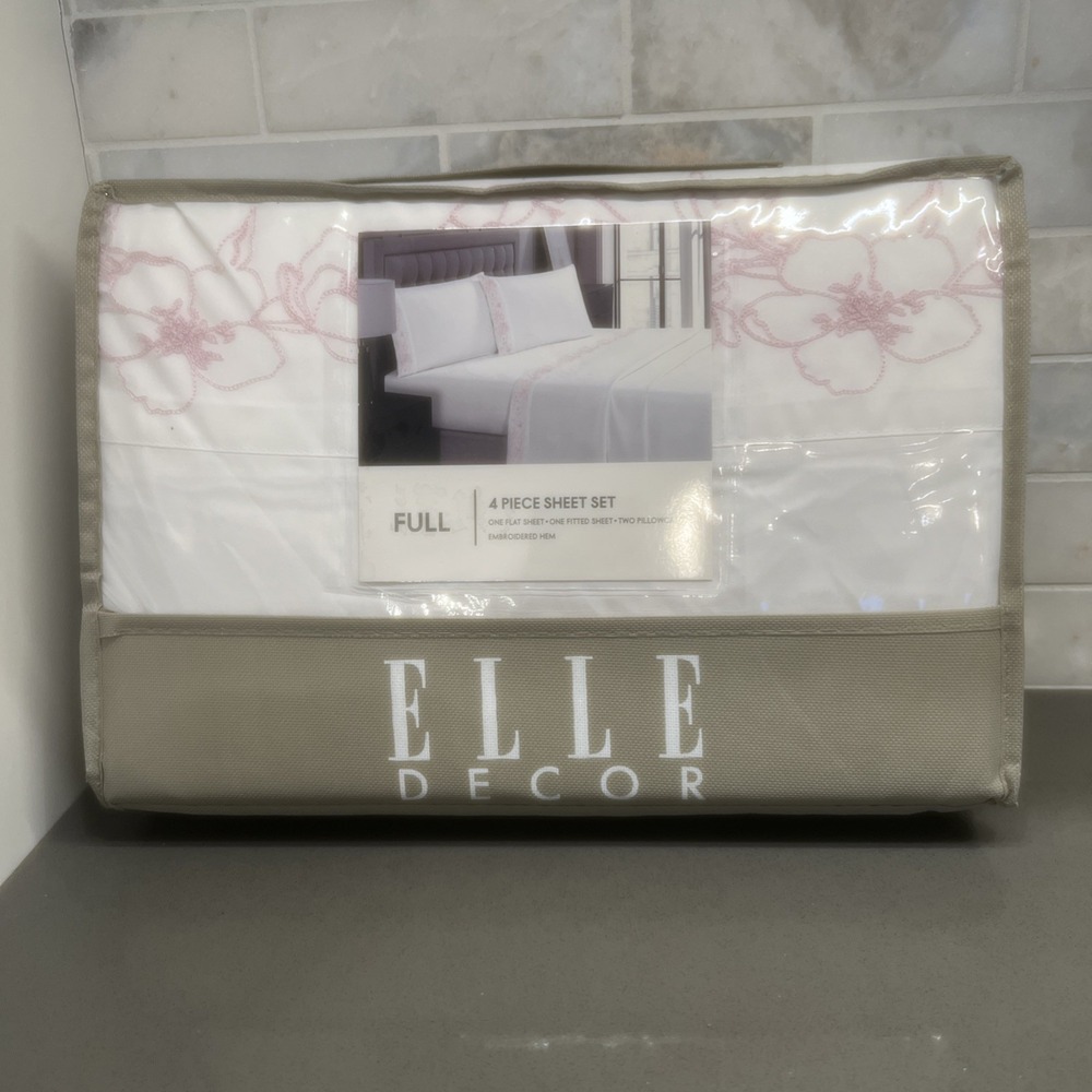 NEW-ELLE DECOR four piece sheet set "FULL" embroidered HEM PINK FLORAL